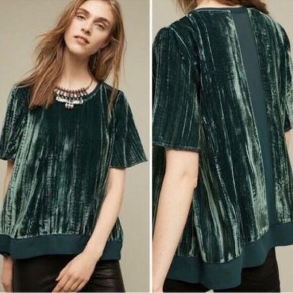 Anthropologie Maeve Emerald Green Velvet Chiffon Mesh Floaty Blouse XS - Picture 3 of 7